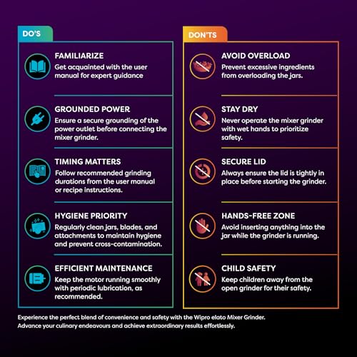 Wipro Elato FMG208 800 Watt Mixer Grinder with 3 Jars,Heavy Duty 100% Copper Ball Bearing Motor with 5 Year Warranty,Superfast Grinding,Clip Lids - Hands Free use, 3 Jars Mixer Grinder 800 Watt,Black