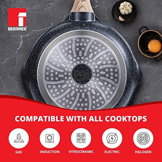 BERGNER Ultimate ILag Marble Non Stick Frypan/Frying Pan, 24 cm, 1.8 litres, Induction Base, Wooden Soft Touch Handle, Food Safe (PFOA Free), Thickness 4.5mm, 1 Year Warranty, Grey