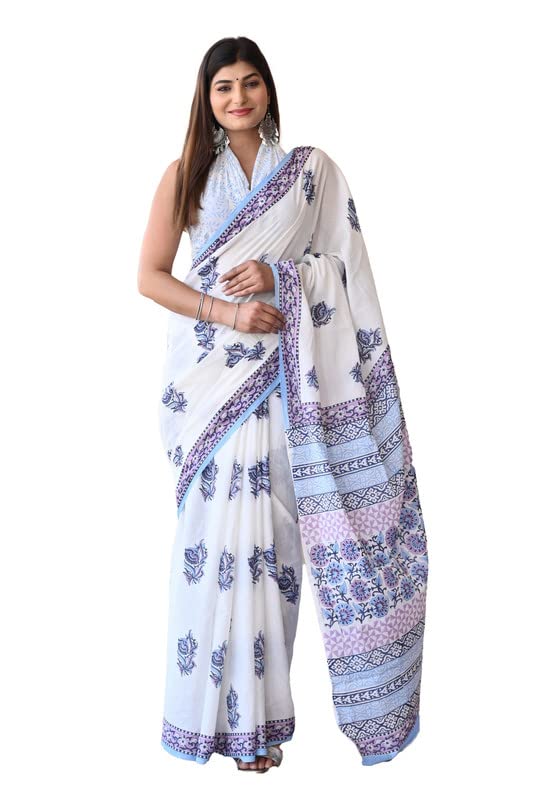Shivanya Handicrafts Women's Hand Block Print Mulmul Cotton Sarees with Attach Blouse Piece (SH-1444, White)