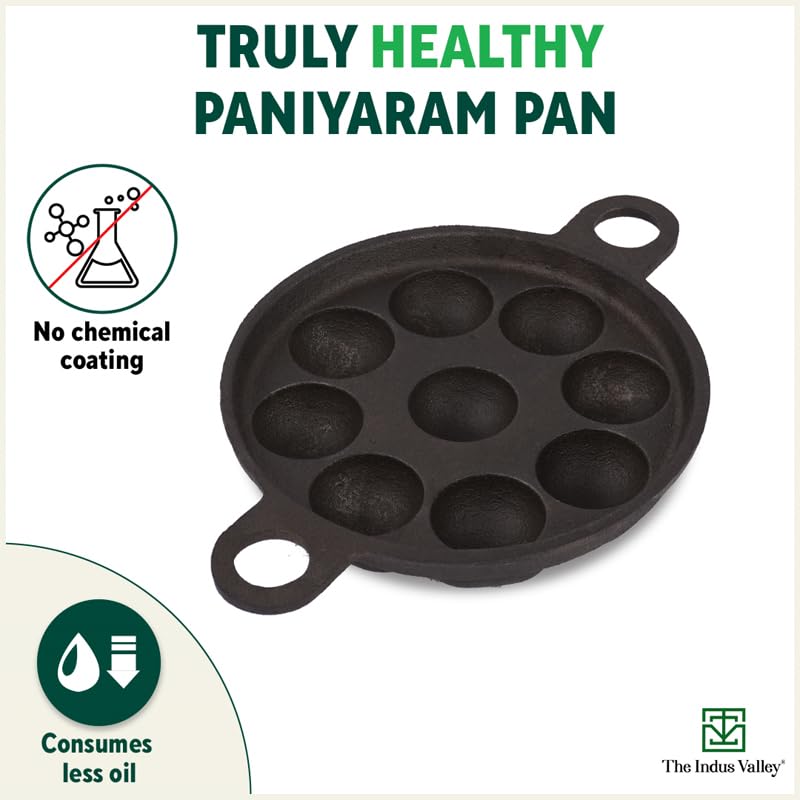 The Indus Valley Super Smooth Cast Iron Paniyaram Pan | Small, 9pit, 8.2 Inch/20.8cm, 2.7kg | Induction Friendly | Nonstick, Pre-Seasoned, 100% Pure & Toxin-Free, No Chemical Coating, Black
