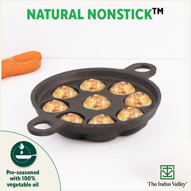 The Indus Valley Super Smooth Cast Iron Paniyaram Pan | Small, 9pit, 8.2 Inch/20.8cm, 2.7kg | Induction Friendly | Nonstick, Pre-Seasoned, 100% Pure & Toxin-Free, No Chemical Coating, Black
