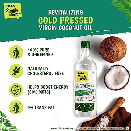 Tata Simply Better Pure and Unrefined Cold Pressed Virgin Coconut Oil, Naturally Cholesterol Free, Kolhu/Kacchi Ghani/Mara Chekku/Ganuga, 1L, Rich Aroma & Flavour of Real Coconuts, A1 Grade Coconuts