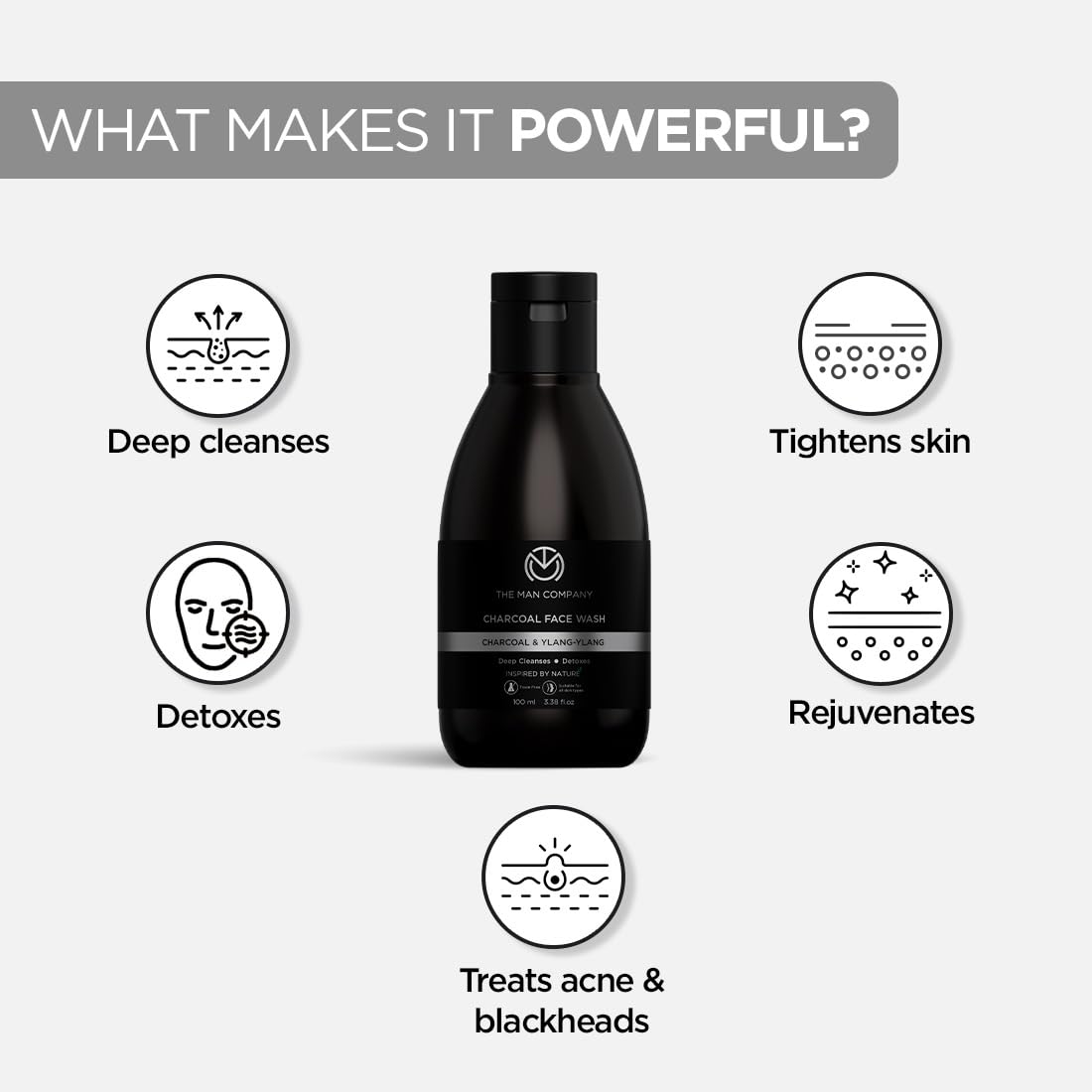 The Man Company Activated Charcoal Face Wash for Men - 100ml | Exfoliating & Brightening Cleanser | Enriched with Ylang Ylang & Argan Essential Oils | Anti Pollution Acne Oil Control | Deep Cleansing | Blackheads Removal