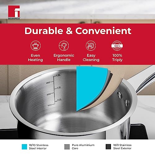 BERGNER Tripro Triply Stainless Steel Saucepan/Tea Pan/Milk Pan, 14 Cm, 1.2 LTR, Chai Pan Without Lid, Induction and Gas Ready, Heavy Bottom, Long Stay Cool Handle, Silver,Polished, 1.2 Liter