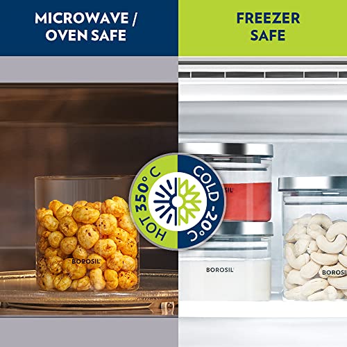 Borosil Classic Glass Jar, Air-Tight Storage Container For Kitchen, Glass Jar For Storing Spices, Snacks, Grains, Dals, Set of 2 (600 ml each), Clear