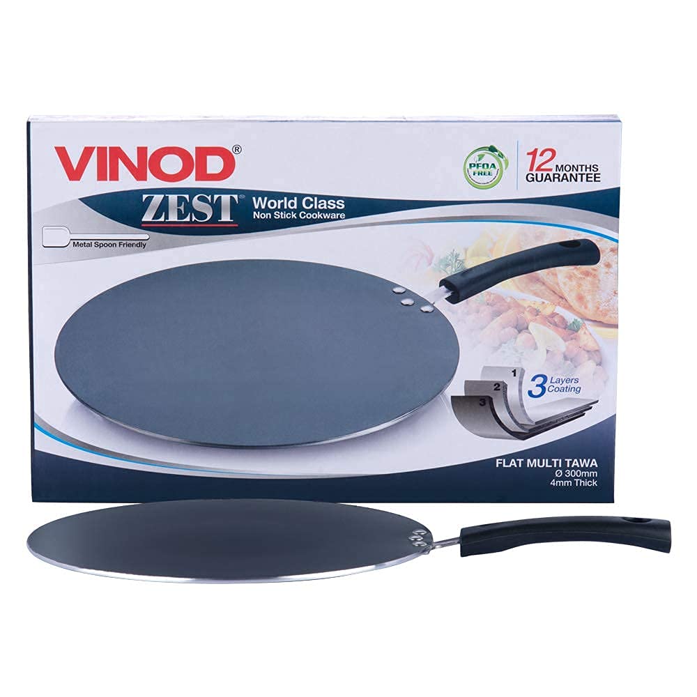 Vinod Zest Aluminium Non Stick Flat Multi Tawa - 32.5 cm | Triple Layer Ceramic Coating | 4mm Extra Thick Roti Tawa | Bakelite Handle | Gas and Induction Base | 1 Year Warranty