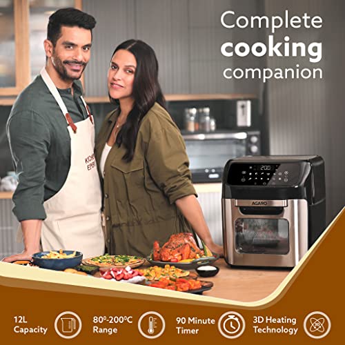 AGARO Regency Air Fryer,12 Liters,Family Rotisserie Oven,1800W Electric Air Fryer Toaster Oven,Tilt Led Digital Touchscreen,9 Presets Menu For Baking, Roasting,Toasting Etc,With Accessories, Silver