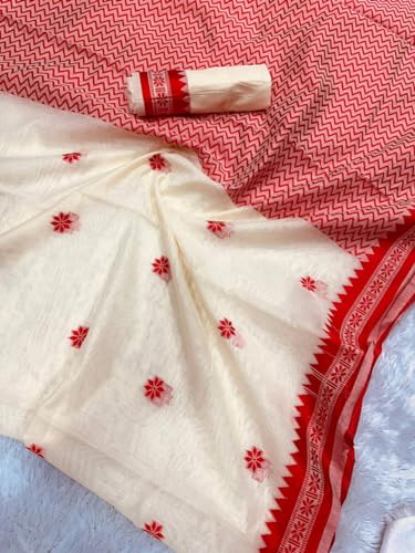 Zwab Women's Cotton Silk Soft Jamdani Sarees With Attach Unstitched Blouse Piece (Off White)