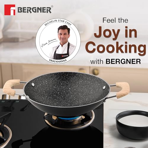 Bergner Bellini Plus Aura 5-Layer Non-Stick 20 cm Appachetty with Stainless Steel Lid, Wooden Finish Soft Touch Handle, Even Heat Distribution, PFOA Free, Gas Stove Compatible - Black