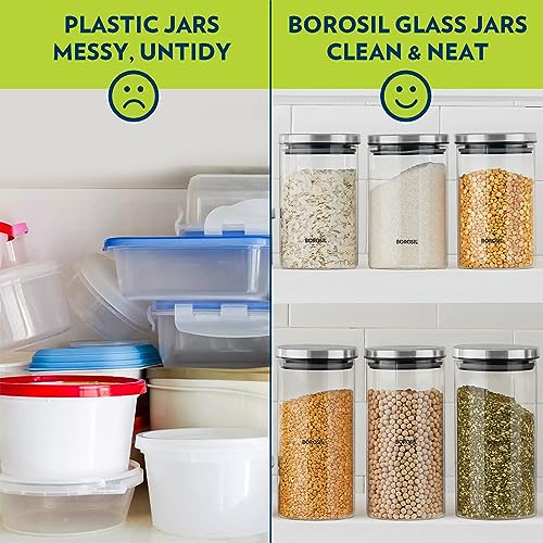 Borosil Classic Glass Jar, Air-Tight Storage Container For Kitchen, Glass Jar For Storing Spices, Snacks, Grains, Dals, Set of 2 (600 ml each), Clear