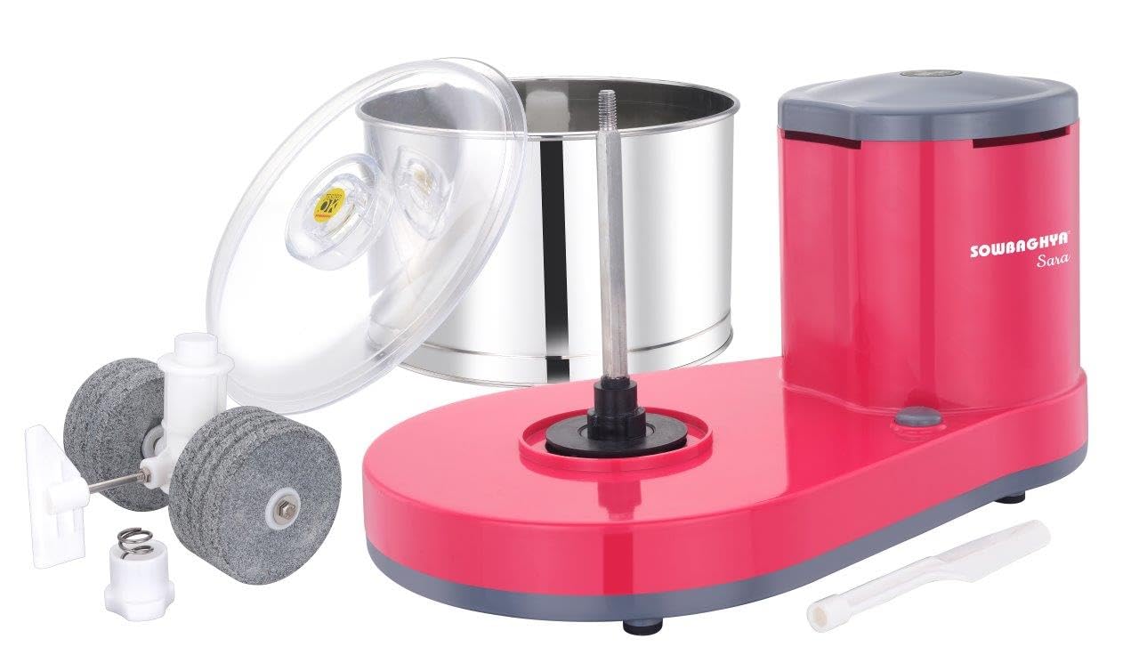 Sowbaghya Sara 2Ltr Table Top Wet Grinder with Coconut Scrapper & Atta Kneader (Pink) | Heavy Duty Motor | Ideal for Your Kitchen | 2Ltr Wet Grinder for All Kinds of Batter for South Indian Dishes