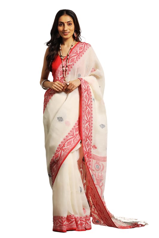 Aditri Jamdani Handloom Jamdani On Linen Women's Saree: Elevate Your Style With Timeless Elegance And Grace, Perfect For Every Occasion And Celebration! (Ethnic Motifs)