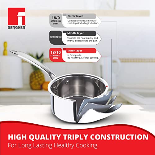 Bergner TriPro Tri-ply Stainless Steel Saucepan with Stainless Steel Lid 18 cm, 2.45 Litre, Induction Base, Silver