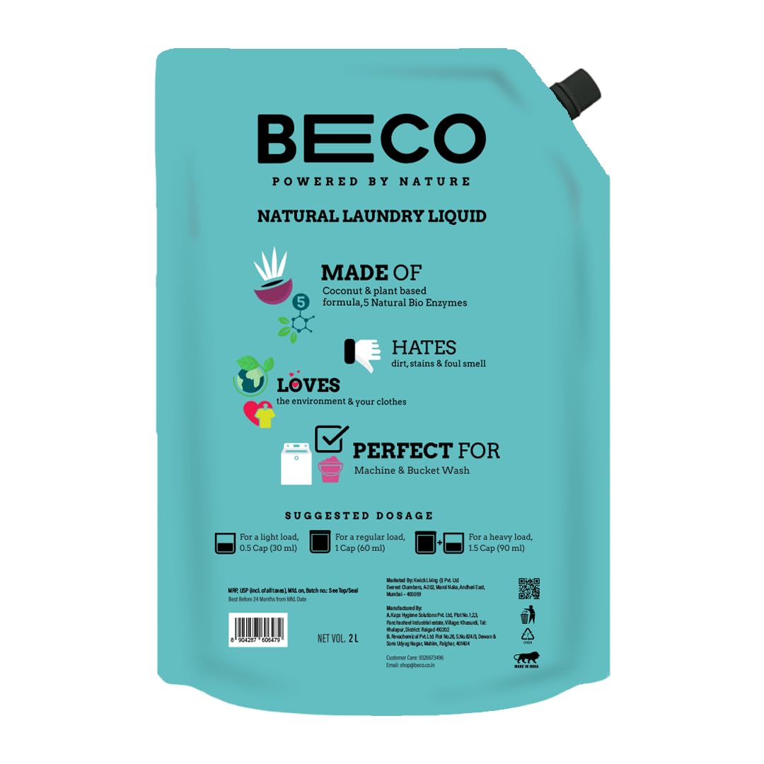 Beco Matic-Top Load Natural Laundry Liquid Detergent| 2 Litre Super Value Refill | Natural Formula for Tough Stain Removal & Fabric Care | No Harsh Chemicals | 100% Ecofriendly (2L)