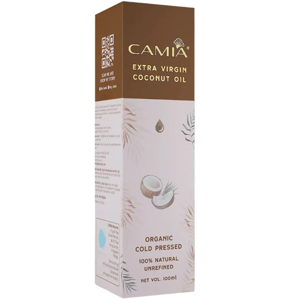CAMIA Premium Coconut Oil for Skin & Hair | Cold Pressed & Organic Coconut Oil | 100% Pure, Natural, Undiluted, Unrefined Hair Oil | Ideal for Skiin & Hair | Free From Chemicals | 100 ML Glass Bottle
