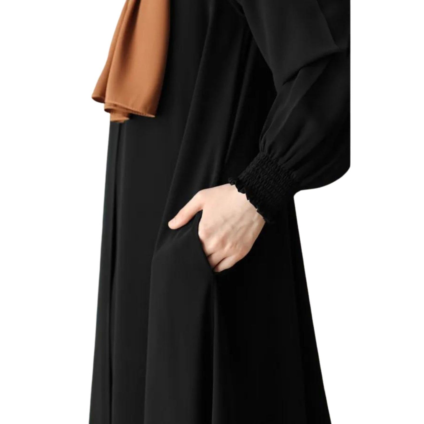 Bashariya Front Open Zipper Abaya n Firdaus Fabric |Smocking Sleeves |Fabric Belt| and Complimentary Hijab (XXL, Black)
