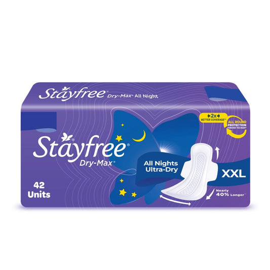 Stayfree Dry Max XXL | 42 Pads | All Night XXL Dry Cover Sanitary Pads for Women | Convert Heavy flow into Gel | Odour Control | Absorbs 2x more with wider back | Superior Dry feel | Ultra Thin Pads |