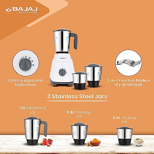 Bajaj Ninja Series Contempo 500W Mixer Grinder|3 Stainless Steel Jar|DuraCut Blades by Bajaj|2-in-1 function blade| Pulse Mode| 2 Warranty by Bajaj| Grey