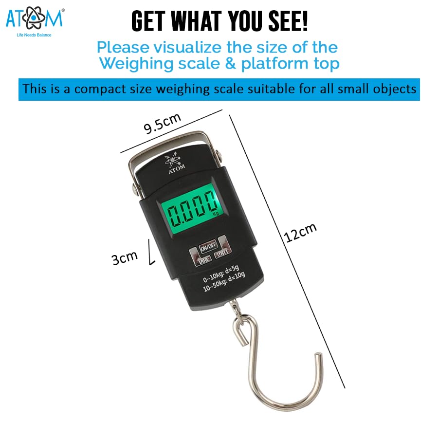 ATOM A 302 Electronic Digital Hanging Stainless Steel Hook Luggage Portable Scale with LCD Display for Industrial Fishing Factory Use Capacity 50Kg