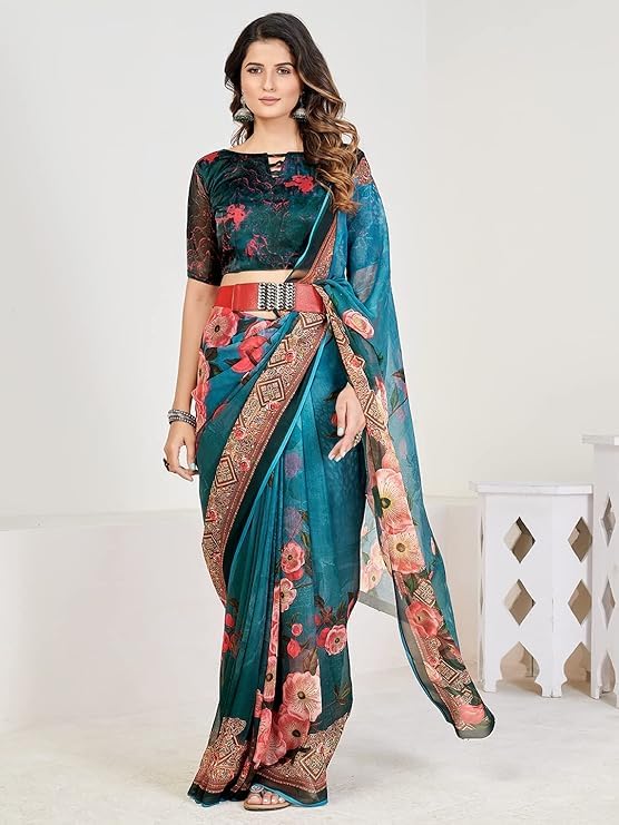 Shopgarb Women's Elegant Digital Floral Printed Sari with Blouse (SH-22 -Green-Designer-Floral-Party-Wedding-Saree, Free Size)