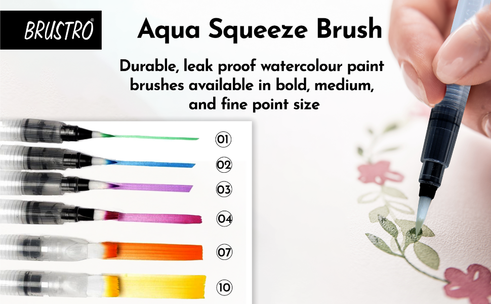 Brustro 3 Flat and Round Aqua Squeeze Leak Proof Watercolour Brush Pen with 9 Sheets Paper Cotton CP 300 GSM, 5x7-inch (Assorted) - Set of 6