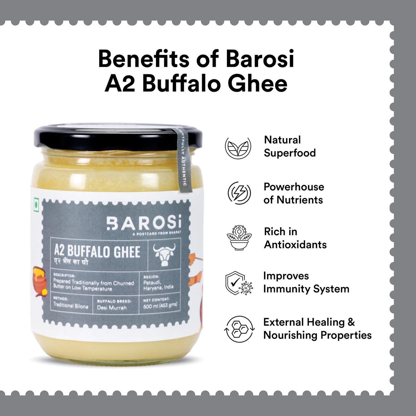 Barosi Premium Buffalo Ghee 500 Ml | Vedic Bilona Method | Churned From Curd | Pure & Natural | Farm Made In Small Batches | Glass Jar Packing