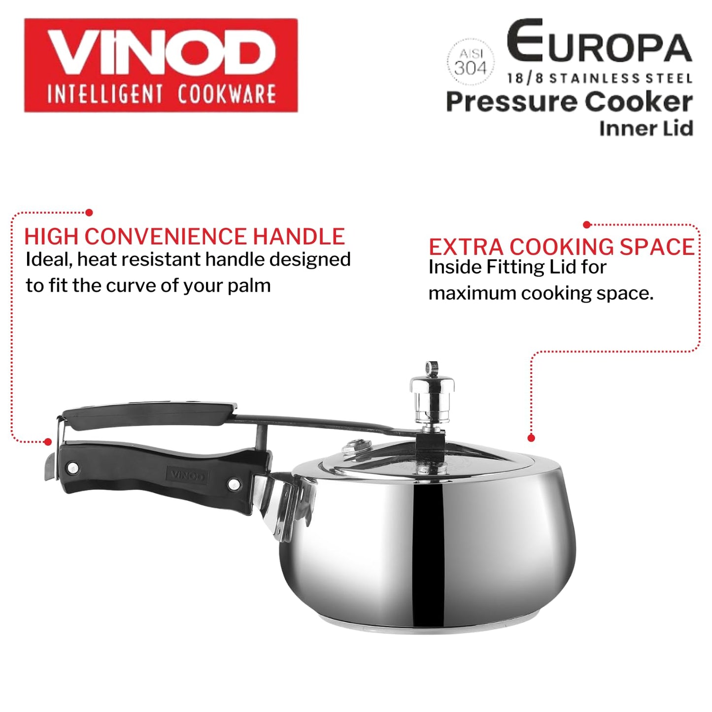 Vinod Europa Stainless Steel Inner Lid Pressure Cooker - 3 Litre | Handi Shape | Sandwich Bottom Cooker | Induction and Gas Base | ISI and CE certified - 2 Years Warranty
