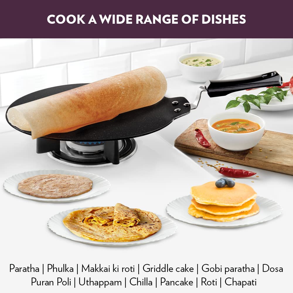 Borosil Granito Non-Stick Dosa Tawa, Induction Friendly, Granite Finish, PFOA-Free, 31 cm Diameter, Black