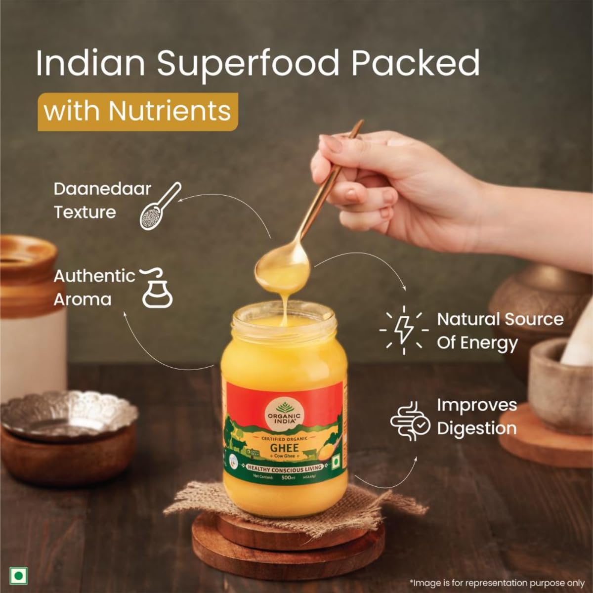 A TATA Product - Organic India Pure Cow Ghee, 500ml, Lab Tested on 600+ Parameters, Certified Organic, Glass Bottle, Sourced from Organically Fed Cows, Authentic Taste, Rich in Healthy Fat