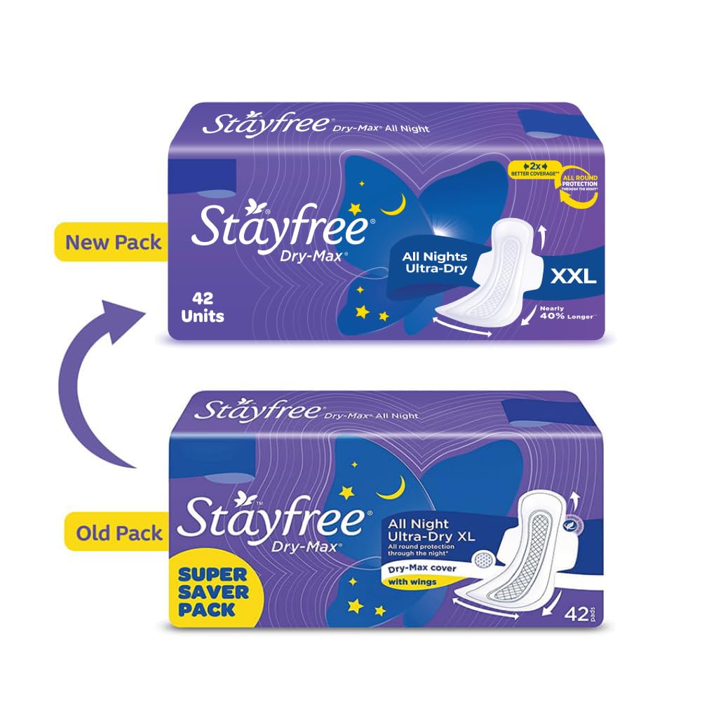 Stayfree Dry Max XXL | 42 Pads | All Night XXL Dry Cover Sanitary Pads for Women | Convert Heavy flow into Gel | Odour Control | Absorbs 2x more with wider back | Superior Dry feel | Ultra Thin Pads |
