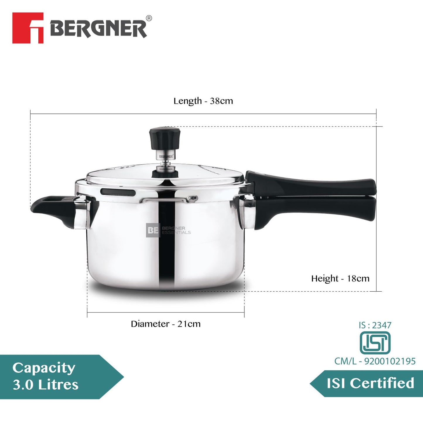 Bergner BE Bergner Essentials Tripro Triply Stainless Steel 3 Liters Outer Lid Pressure Cooker, Faster and Even Heating, Healthy Cooking, Easy to Clean, Full Induction Bottom and Gas Stove Ready