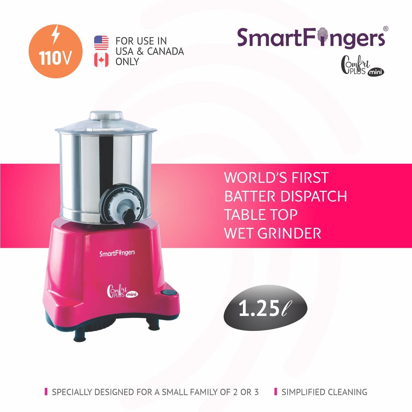 SmartFingers Stainless Steel Comfort Plus Table Top Magic Wet Grinder 110V 60Hz (1.25 L) For Usa Canada And Japan Only, Pink