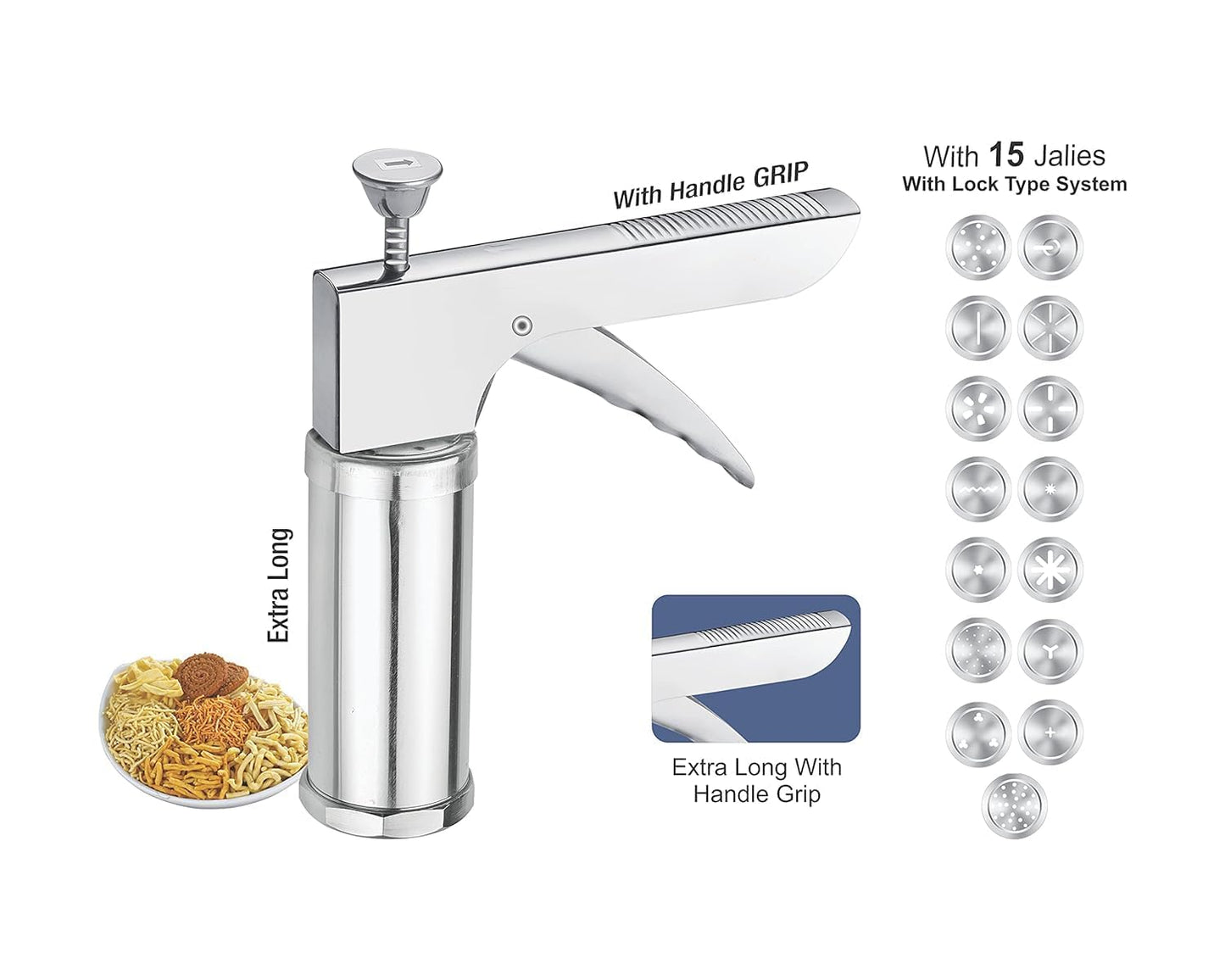 Stainless Steel Kitchen Press with Different Types of Jalies, Murukku Maker/Bhujiya Maker/Noodles/Cookies/Namkeen/Chakali Maker/Sev Maker/Farsan Maker/Gathiya Maker