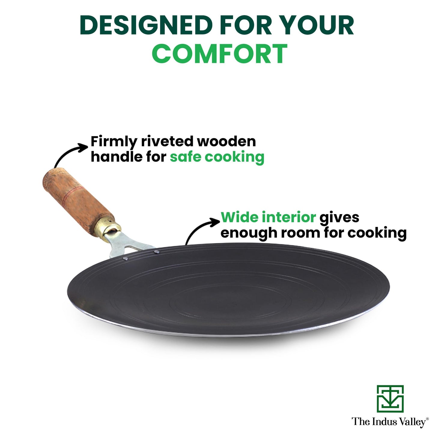 The Indus Valley Pre-Seasoned Iron Tawa for Dosa/Chapathi with Wooden Handle | 27cm/10.6 inch, 0.95kg | Gas Stove Friendly | 100% Pure & Toxin-Free, No Chemical Coating