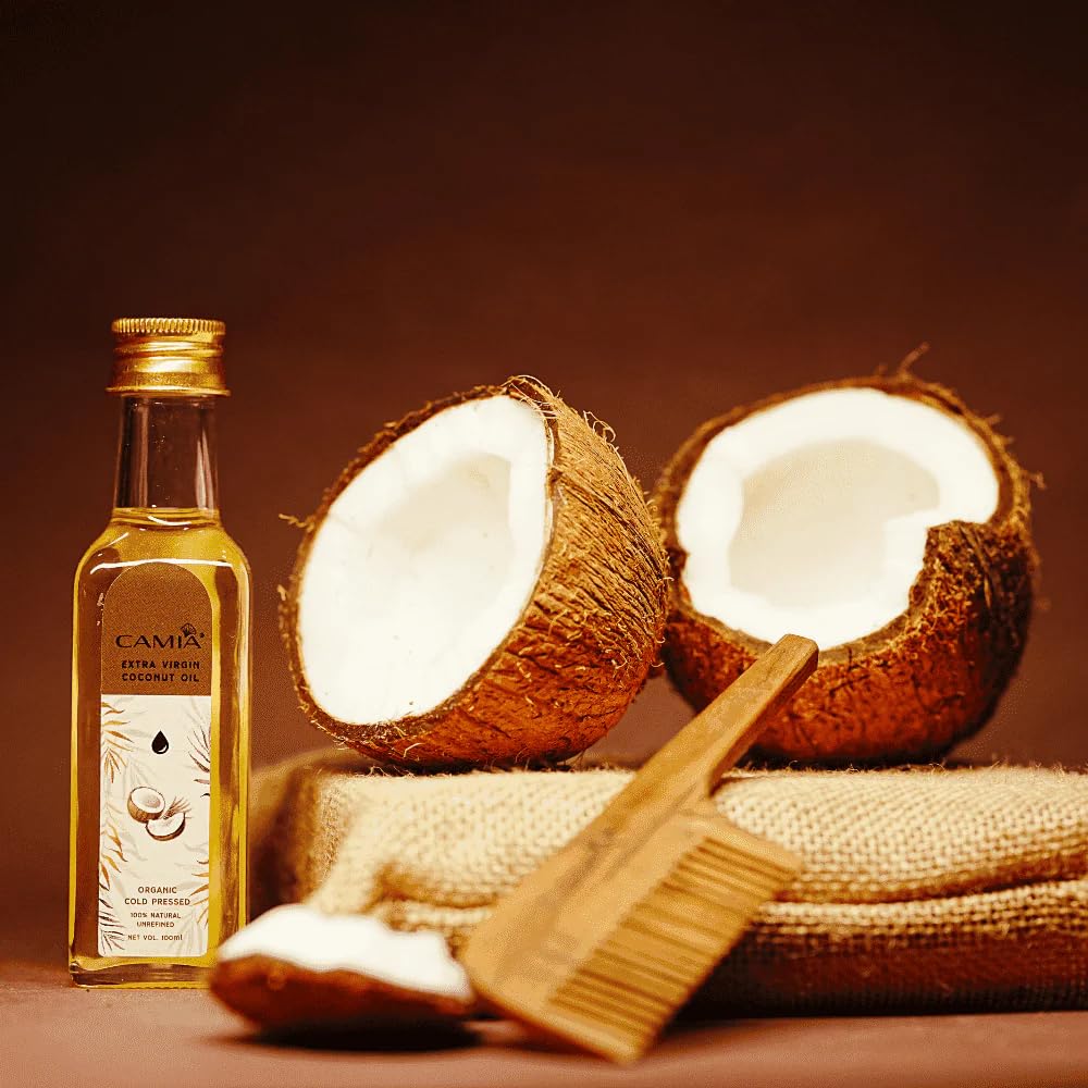 CAMIA Premium Coconut Oil for Skin & Hair | Cold Pressed & Organic Coconut Oil | 100% Pure, Natural, Undiluted, Unrefined Hair Oil | Ideal for Skiin & Hair | Free From Chemicals | 100 ML Glass Bottle