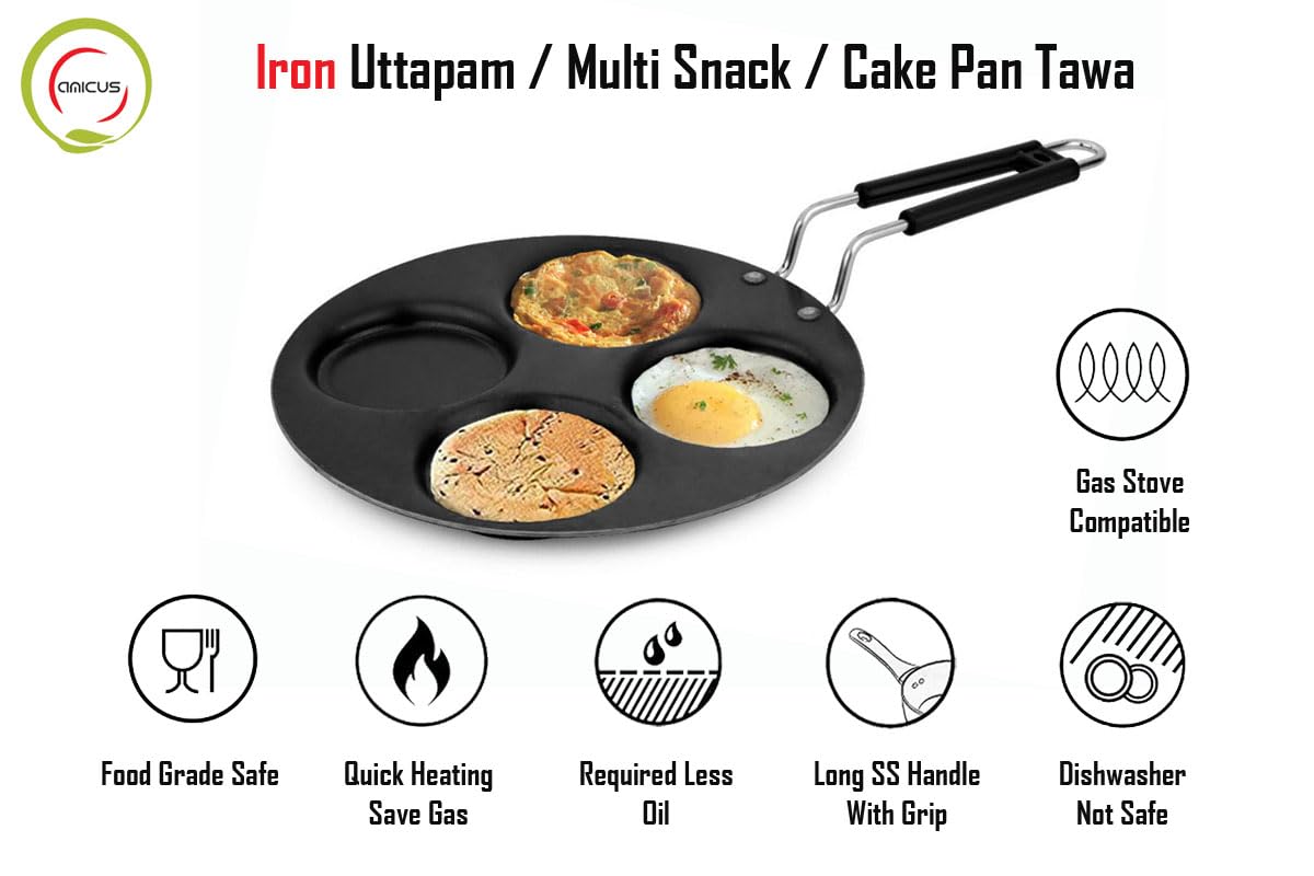 amicus Iron Uttapam Pan Multi Tawa 27 cm, 4 Cavity, Mini Crepe Pan for Snack, Pan Cake, Egg Omelette Maker Tawa,1.1 Kg, Black