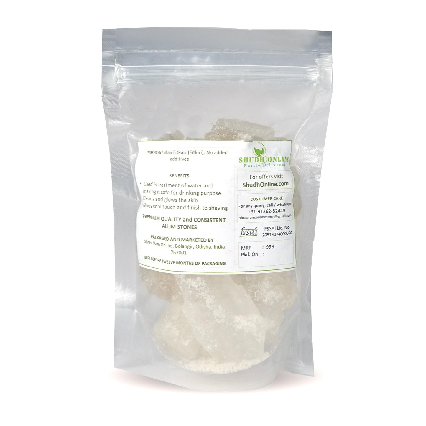 Shudh Online Fitkiri, Solid Alum Stone (250 Grams)-Fitkari Water Purification, Vastu, Shaving