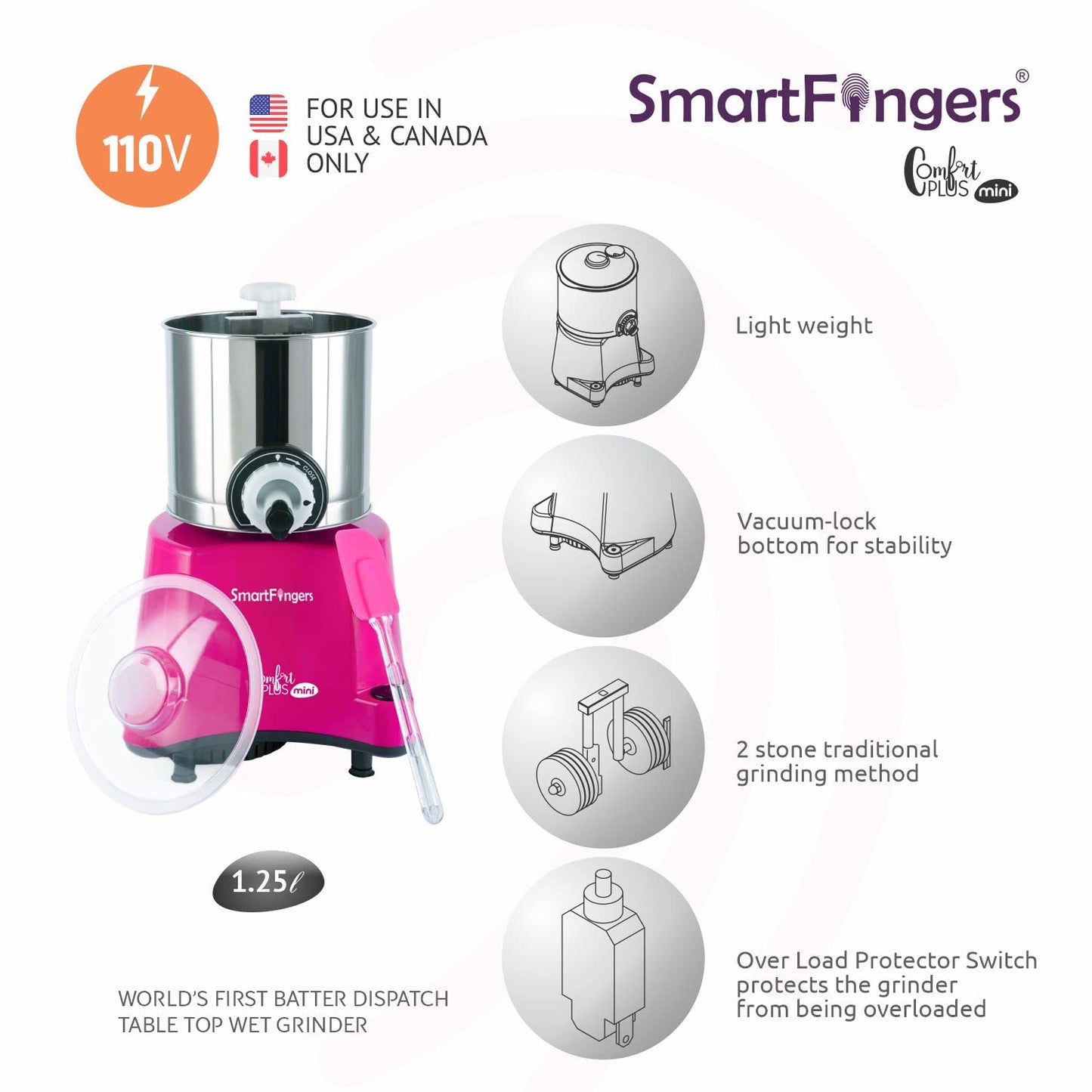 SmartFingers Stainless Steel Comfort Plus Table Top Magic Wet Grinder 110V 60Hz (1.25 L) For Usa Canada And Japan Only, Pink