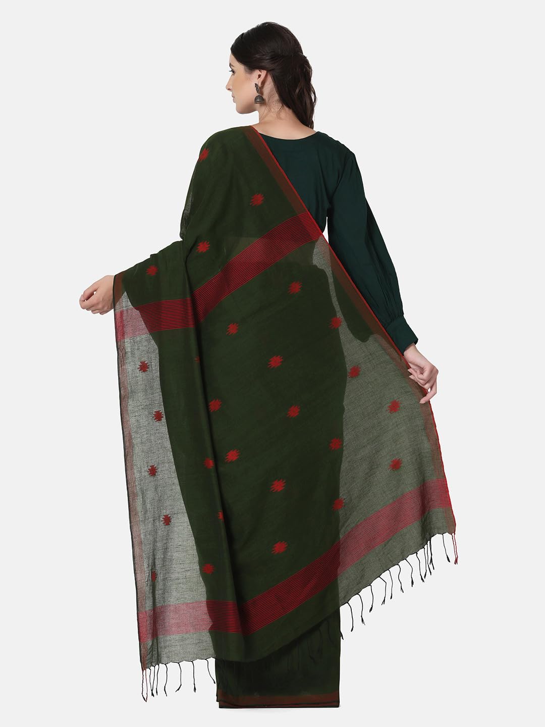 THE WEAVE TRAVELLER Handloom Green Cotton Jamdani Saree With Attached Unstitiched Blouse