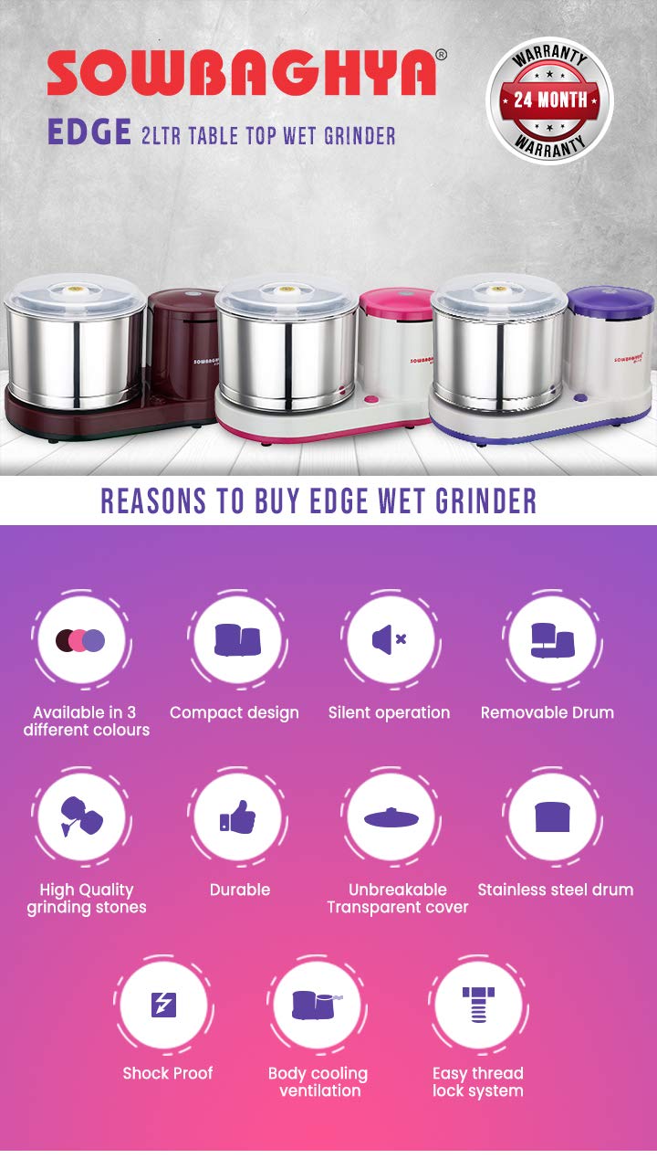 SOWBAGHYA Edge Wet Grinder 2 Litre -Blue Voilet Tabletop Design, Stainless Steel Drum, Compact & Silent - Powerful Motor, Idli Dosa Batter Machine for Home, 2 Yr Warranty, 1440 RPM