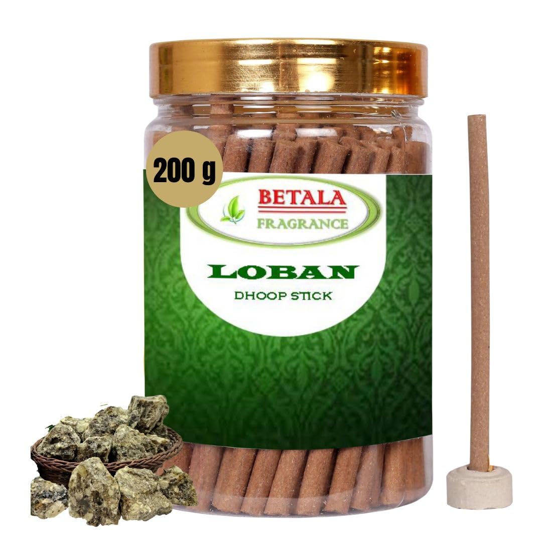Betala Fragrance Loban Flavour Dhoop Sticks for Pooja, Pack of 200 Gm Dhup Batti with Holder, Agarbatti, Incense Stick, Sandal, Cones, Cup, Sambrani (200 Gm, LOBAN)