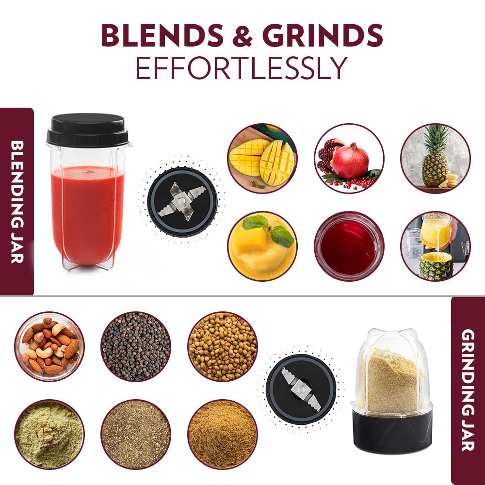 Borosil NutriFresh Portable Mini-Blender & Grinder, 500 ml Blending Jar, 300 ml Chutney Jar, For Blending Smoothies & Chutneys, Dry Grinding Spices, Black, 400 W