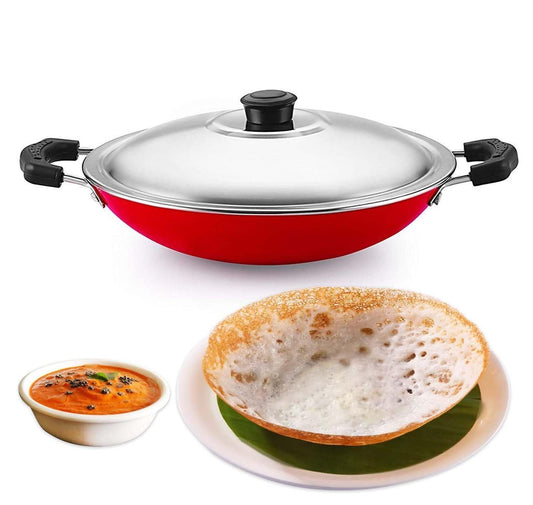 AADHIK Non-Stick Appa Chetty, Aluminium Appachatty, 23cm Diameter, 2.6mm Appachatti, Gas Compatible, Red