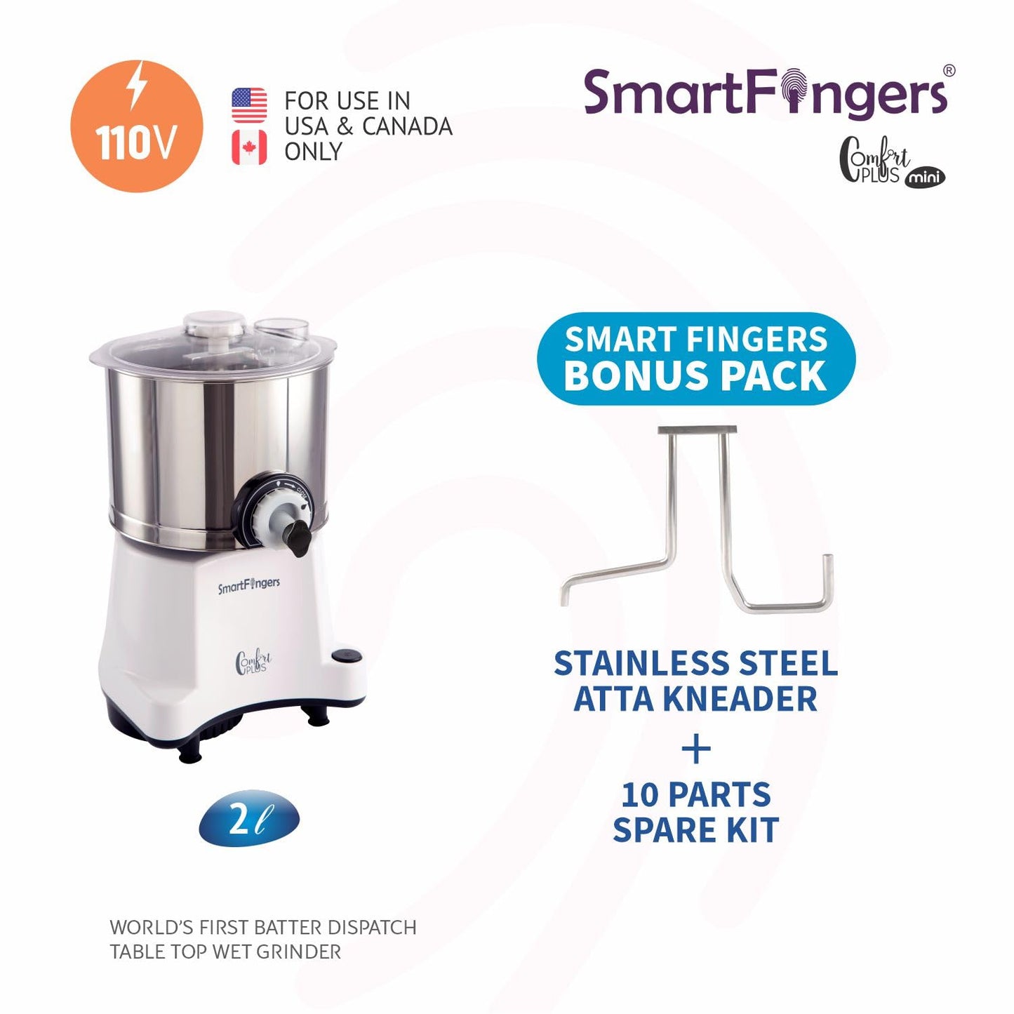 SmartFingers Stainless Steel Comfort Plus Table Top Magic Wet Grinder 110V 60Hz (2 L) For Usa Canada And Japan Only, White