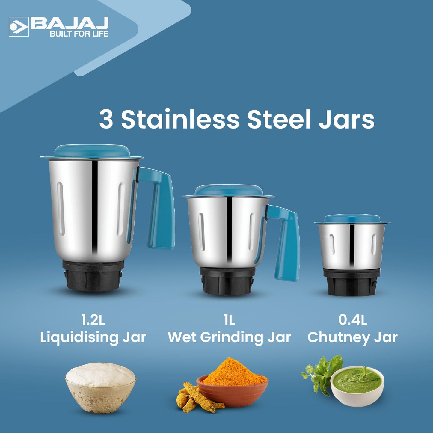 Bajaj Rex Dlx Mixer Grinder 750 Watts Mixie For Kitchen With Nutri-Pro Feature|4 Stainless Steel Mixer Jars|Multifunctional Blade Dry & Wet Grinding Overload Protector|1-Yr Warranty|White/Blue