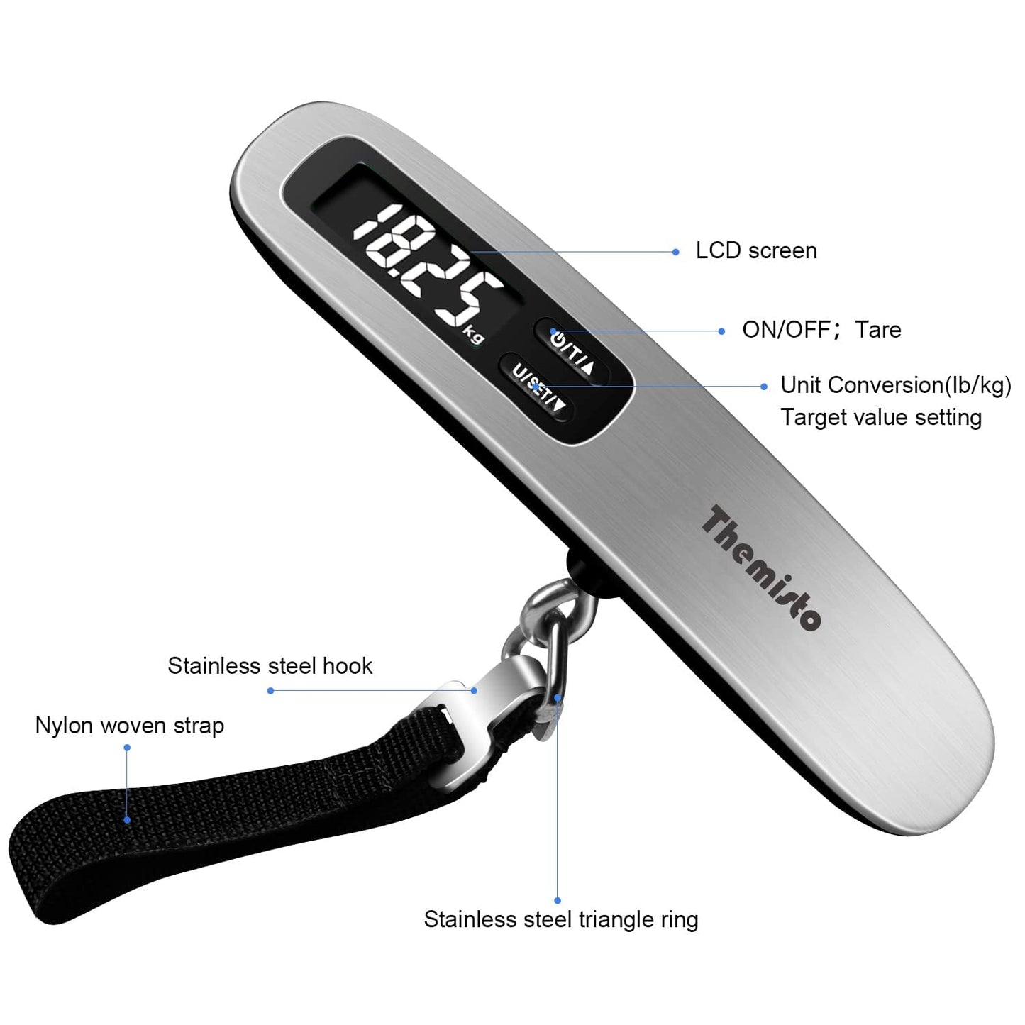 Themisto TH-WS10 Digital Luggage Scale with Target Value Setting (50kg), Silver