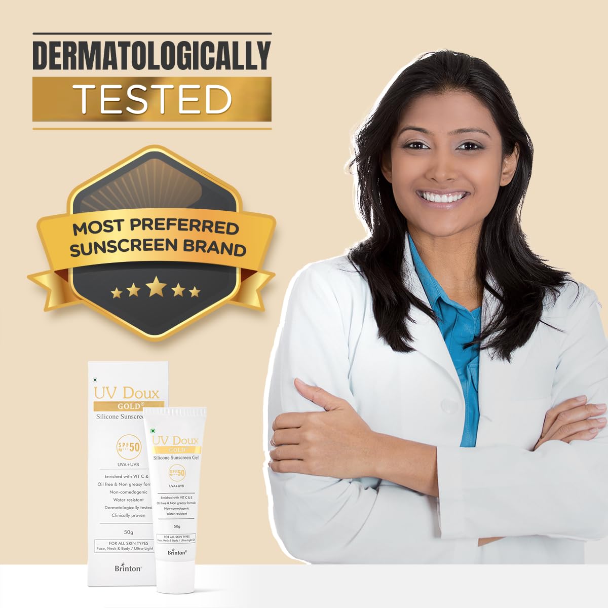 Brinton UV Doux Gold Silicone Sunscreen Gel SPF 50 pa+++ UVA/UVB With Broad Spectrum, Water Resistant Best SPF Sunscreen For Women, 50 g