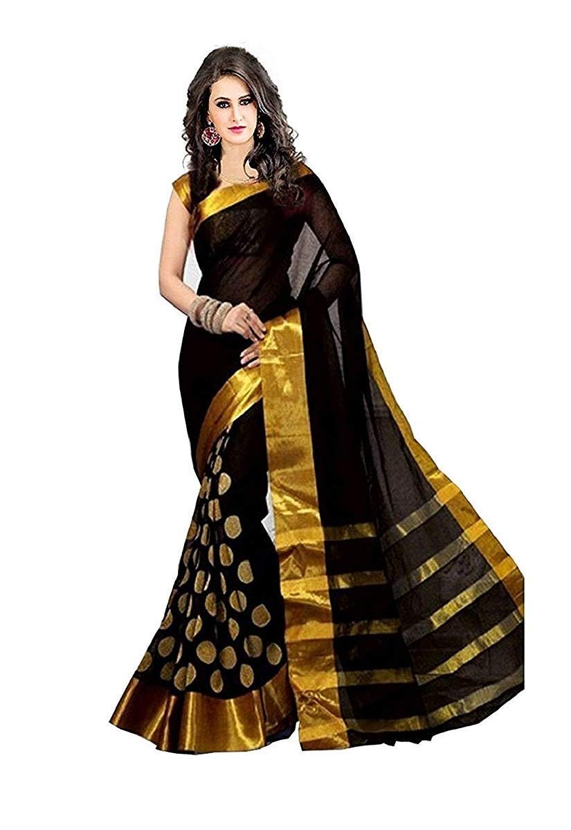 Birami Ethnics Women's Poly Cotton Saree with Blouse Piece, Free Size (Bf134_Black)