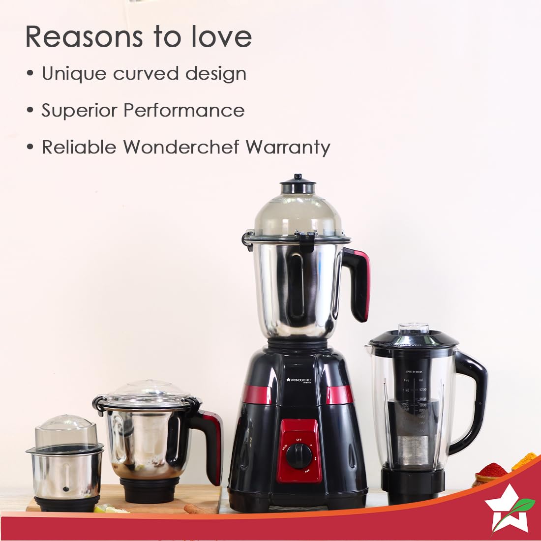Wonderchef Platinum 750W Mixer Grinder | 4 Stainless Steel Jars with Fruit Filter Jar | Powerful 750W motor | 3-Speed & Pulse Function | Anti Skid Feets | 5 years warranty on motor | Black & Red