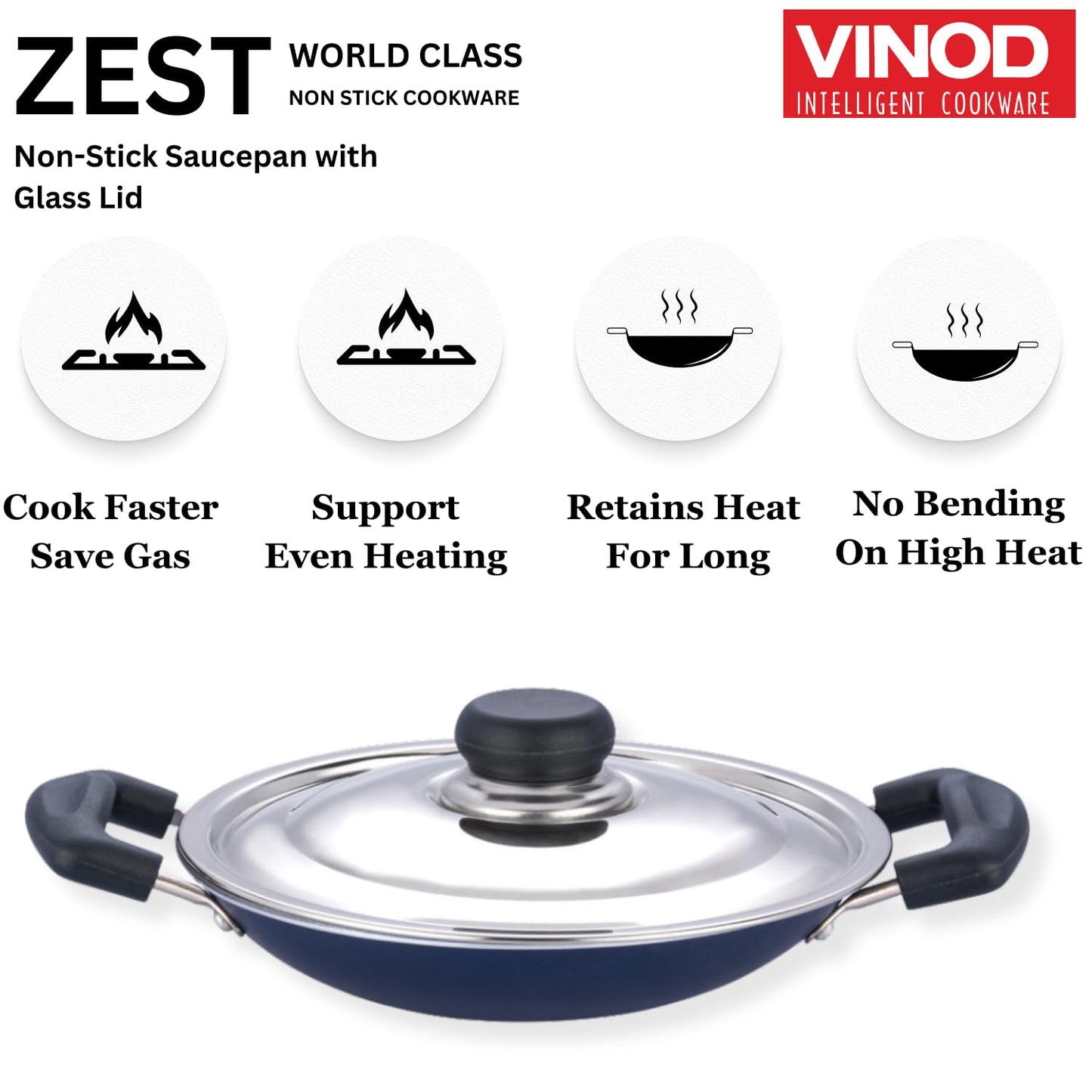 Vinod Zest Non Stick Appachetty with Lid - 20 cm| Appam Pan | 3 mm Extra Thick | 3 Layer Coating | Metal Spoon Friendly | Bakelite Handle | Gas Base | 1 Year Warranty - Blue
